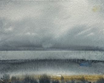 Aquarell "Flusslandschaft im Regen", Unikat, 27 x 37 cm