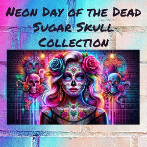 Colección de arte digital con calaveras de azúcar del Día de los Muertos de neón: archivos PNG vibrantes y coloridos para uso personal y de pequeñas empresas