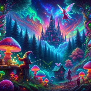 ノームの魔法の森と城 - デジタルダウンロード - PNG 300DPI - 昇華 - クラフト - 壁紙