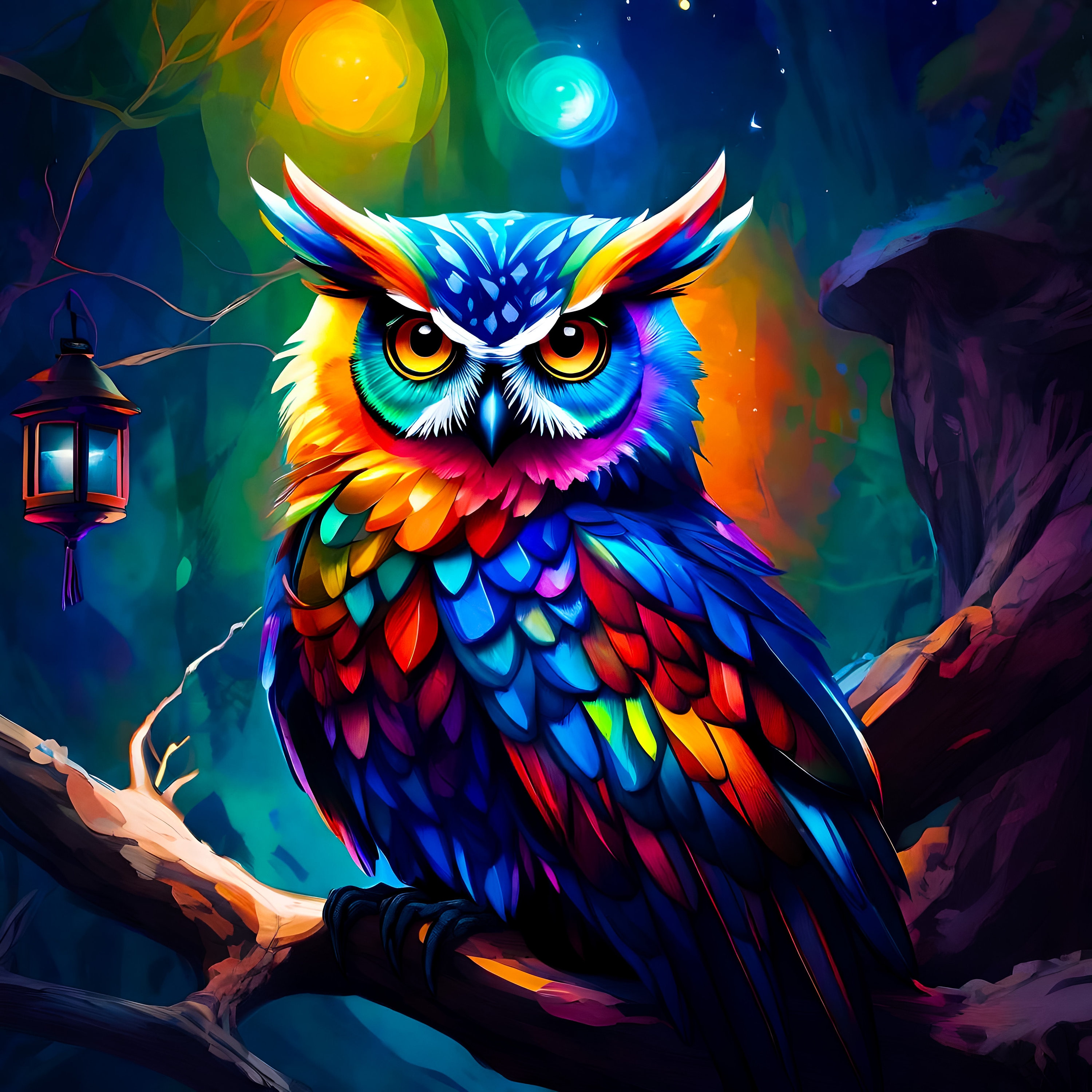Bright and Colorful Owl on Limb with Lantern- Digital Downloads - JPEG - 300DPI - Sublimation - Craf