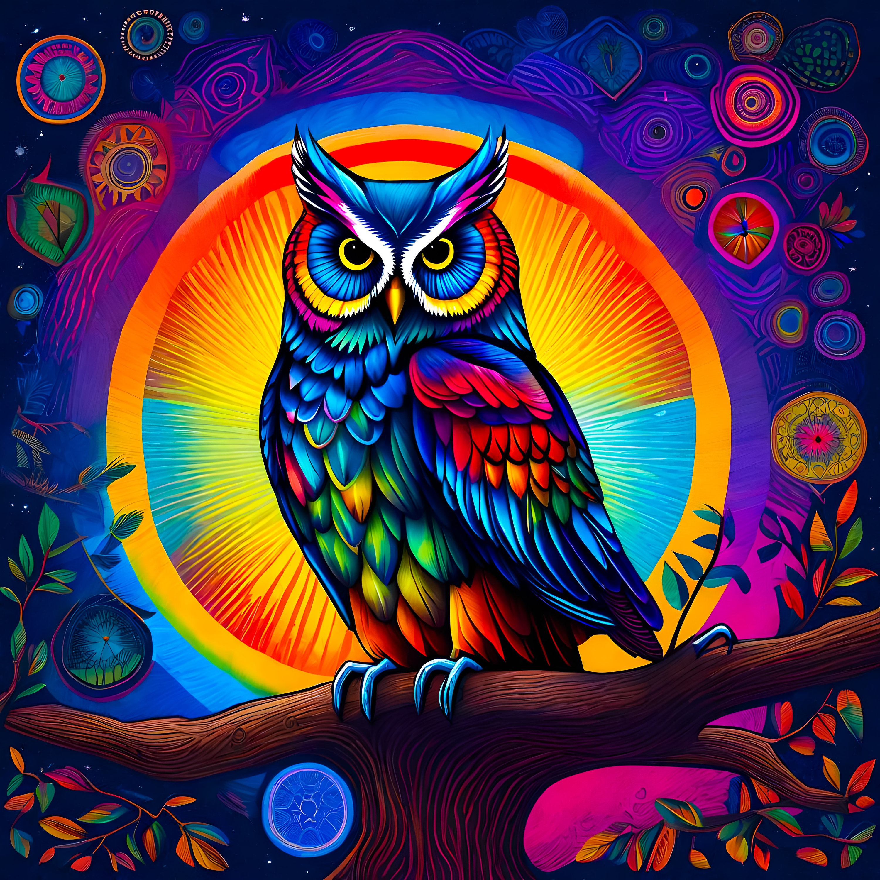 Bright and Colorful Owl on Limb - Digital Downloads - JPEG - 300DPI - Sublimation - Crafting - Wallp