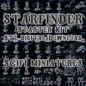 Puede incluir: Una colección de miniaturas de ciencia ficción impresas en 3D para juegos de mesa. El conjunto incluye personajes, vehículos y accesorios. La imagen presenta el texto "Starfinder Starter Kit STL Digital Download Sci-fi Miniatures".