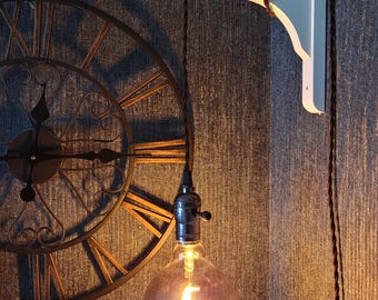 Vintage Twisted Cable Plug-In Wall Lamp: Black, White, Grey Wood Bracket