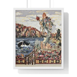 Poster verticale con cornice - Arte murale strappata a mano con uccelli, alberi e giardino, paesaggio semi-figurativo e ingenuo, vibrazioni allegre