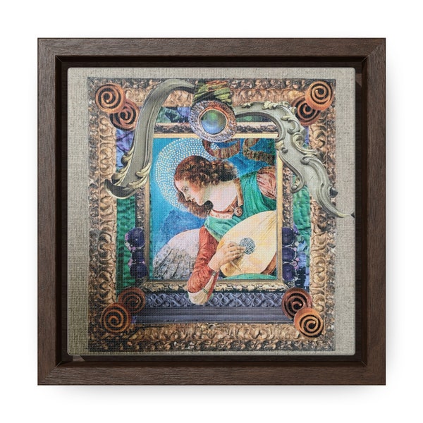 MUSICIAN ANGEL. “Music angel”. A fine art print on canvas in a square walnut frame by Coryn.