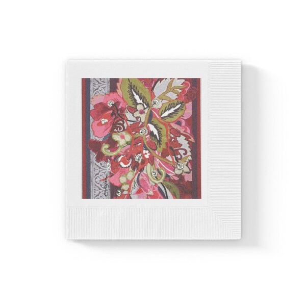 PELE-MELE White Coined Napkins with decorative illustration.  Primary colors are pink, red and green.