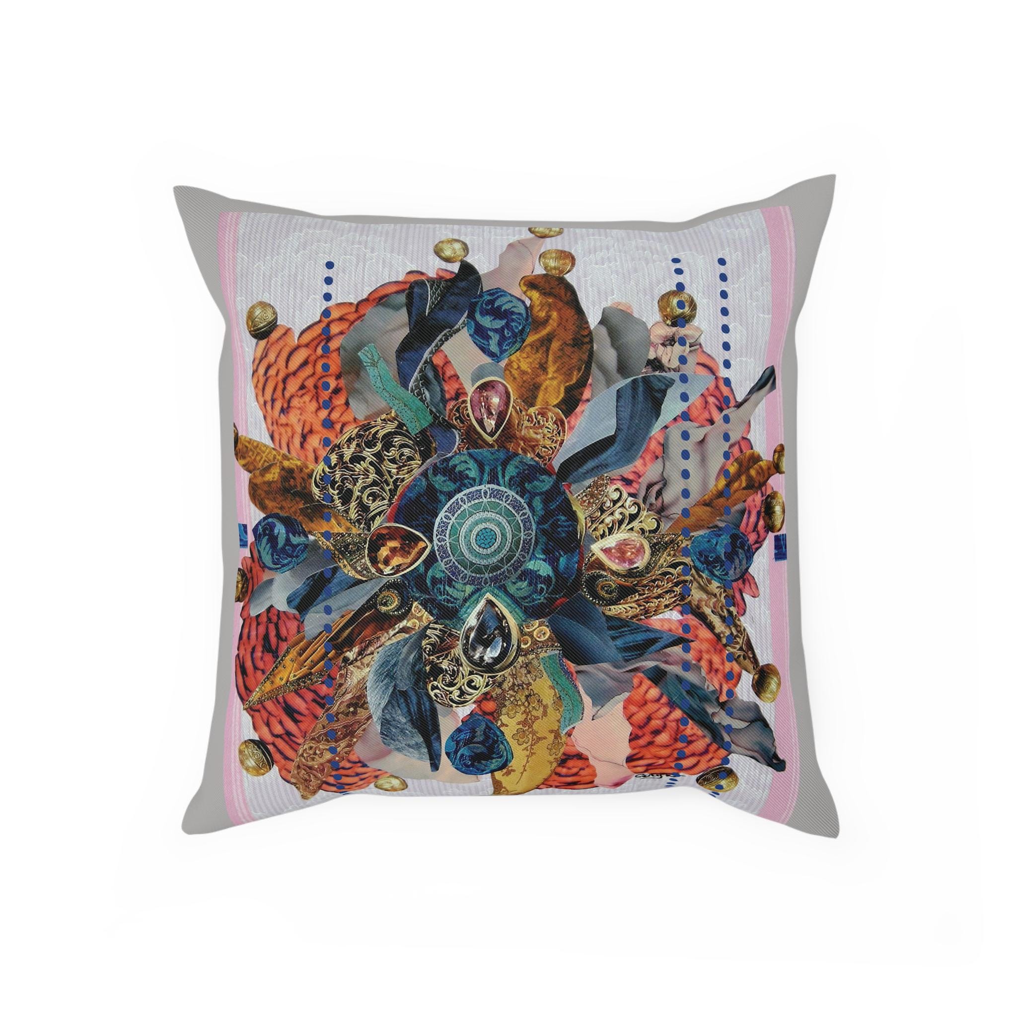cotton throw pillow-Blue orange tones imaginative flower motif Fine art image print decorative colorful illustration Coryn.