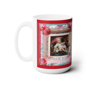 Reds pinks & pastel colors coffee Mug with old fashioned baby motif Fine art image print decorative touching ingenuous illustration Coryn