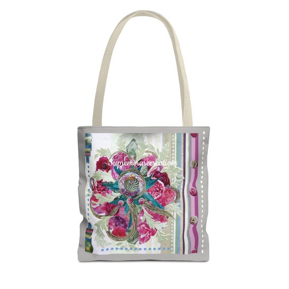 Pink & green pastel tote-bag with stylized flower motif Fine art image print decorative Neo-Floral illustration of Coryn.