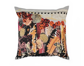 Autumn colors Boho cotton throw pillow with forest & garden motif Fine art image print decorative naïve stylized illustration Coryn.