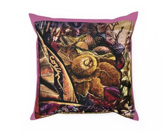 Cotton throw pillow-Colorful gold purple brown cabbage & autumnal plants motif Fine art image print decorative still life type illustration.