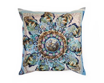 Turquoise blue pink gold cotton throw pillow with rich detailed mandala motif Fine art image print decorative mosaic style illustration.
