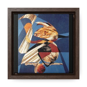 GEOMETRIC BIRD. A fine art print on canvas in a square walnut frame by Coryn.