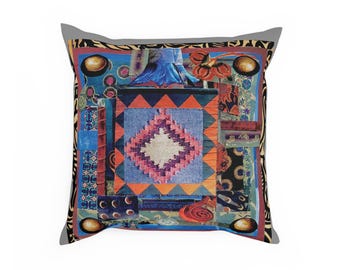 Orange blue green cotton throw with fabric stripes & square patterns motif Fine art image print decorative amer-indian type illustration.