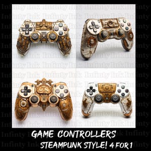 May include: Four gold and white PlayStation 4 game controllers with a steampunk design. The controllers have intricate details and gears. The text "GAME CONTROLLERS STEAMPUNK STYLE! 4 FOR 1" is at the bottom of the image.