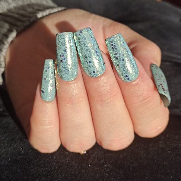 Dreamy Pastel Olive Green Nails With Sparkling Glitters | Handmade Press-on Nails | Oval Almond Square Stiletto Coffin | Short Medium Large