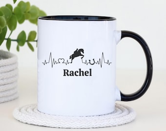 Horse Heartbeat Coffee Mug, Black, 11oz, 15oz, Personalized, Gift for Horse lover, Equestrian gift, Jumping Horse Gift,