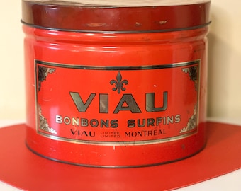 Vintage 1940 Viau Superfine Candy Large Red Tin Can Montreal Canada