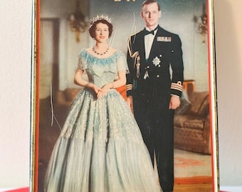 Sehr seltene Vintage-Aufbewahrungsbox aus Blech für Königin Elizabeth und Prinz Philip aus dem Jahr 1953