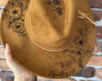 Aangepaste Burned Faith Cowgirl-hoed: gegraveerd westernsuède of vilt,