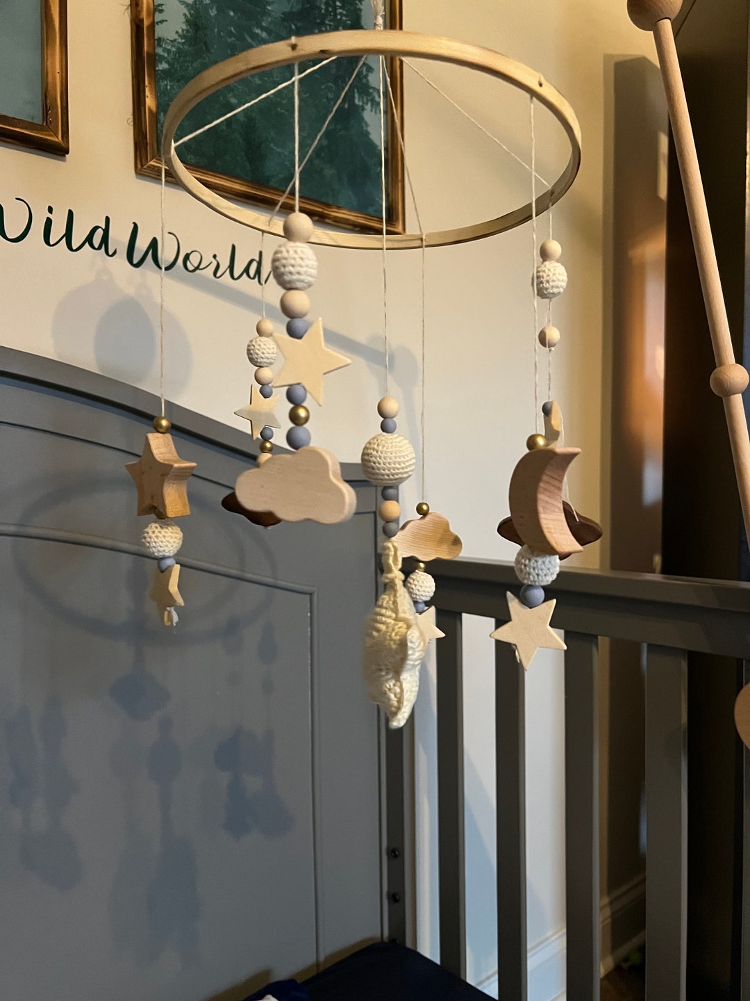 Moon Crib Mobile, Fabric and Wood Crib Mobile, Comes With Music Box