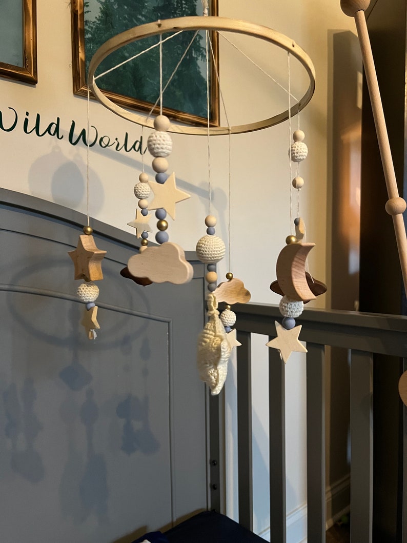 Whimsical Moon and Stars Crib Mobile, Peaceful Nursery Decor, Baby