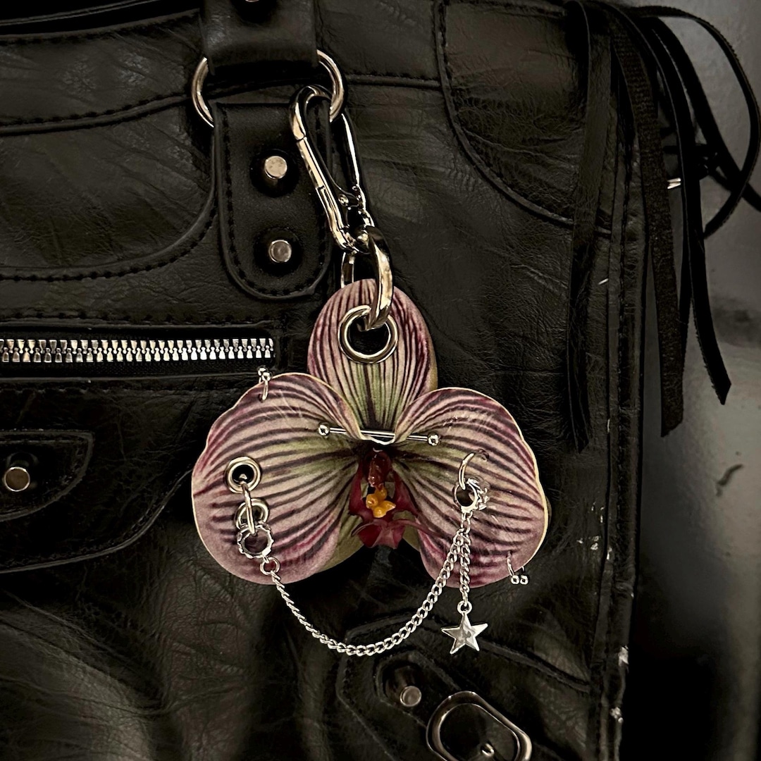 Pierced orchid keychain bag charm, gothic floral handbag purse women’s accessory
