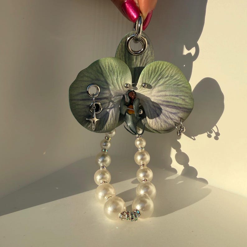 Pierced orchid keychain bag charm, gothic floral handbag purse women’s accessory Jade Green