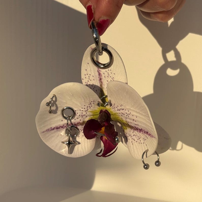 May include: A white orchid flower with purple speckles and a dark maroon center, featuring several silver-toned metal body jewelry pieces including rings, a star-shaped charm, and curved barbells attached directly to the flower petals.