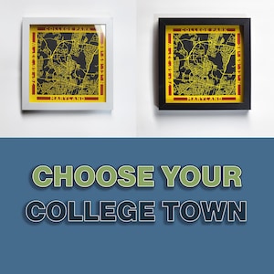 May include: Two framed maps of College Park, Maryland. The map on the left has a white frame and the map on the right has a black frame. Both maps are yellow with black lines and red text. The text on the maps reads "College Park, Maryland".