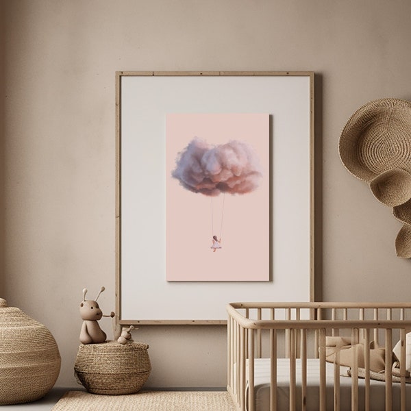 Pink Cloud Girls Nursery Bedroom, Danish Pastel Color, Light Pink Wall Art, Fantasy Painting, Printable Digital Download