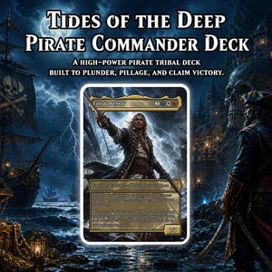 May include: A fantasy illustration for a pirate-themed card game. The image features a pirate ship on stormy seas, a treasure chest, and a card with the text "Tides of the Deep Pirate Commander Deck". The card depicts a pirate holding a sword.