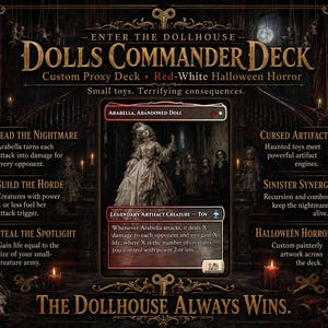 May include: A promotional graphic for the Dolls Commander Deck featuring the card Arabella, Abandoned Doll. The card displays a central illustration of a doll in a dress, with text detailing game mechanics, surrounded by ornate gold borders.