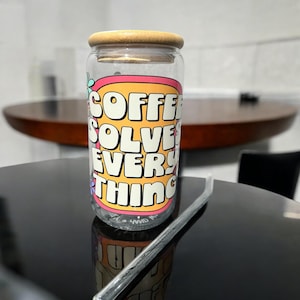 16oz Coffee Glass Cup with Bamboo Lid & Straw – Retro “Coffee Solves Everything” Design | Iced Coffee Glass | Reusable Aesthetic Cup | Gift