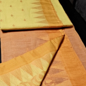 Bengal Tant Jamdani Handloom Cotton Saree Yellow and Orange, With Running Blouse Piece