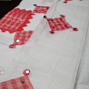 White Resham Kota Saree: Gamcha Patchwork Applique, Bengal Handloom | Gamcha Saree | Red & White Saree