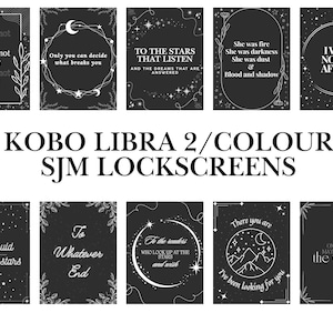 May include: Ten black and white digital illustrations with white text on a black background. The illustrations feature stars, moons, and other celestial imagery. The text includes quotes from Sarah J. Maas's books, such as "You do not fear", "Only you can decide what breaks you", "To the stars that listen", "She was fire, she was darkness, she was dust, blood and shadow", "I will not be afraid", "You could rattle the stars", "To whatever end", "To the readers who look up at the stars and wish", "There you are, I've been looking for you", and "One life may change the world".