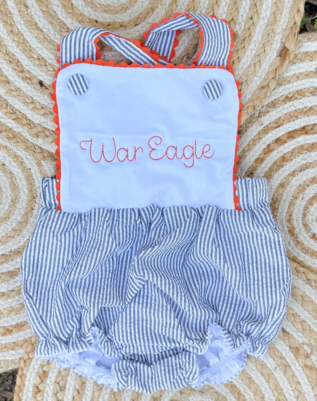 Personalized Seersucker Baby Onesie: Embroidered Collegiate Game