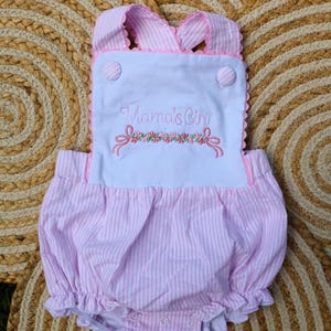 Mamas Girls Embroidered Romper - Toddler Girls Personalized Bubble - Girls Bubble Dress - Pink Seersucker Baby Clothes - Mommy and Me Outfit
