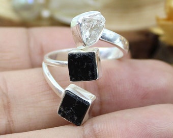 Raw Black Tourmaline & Herkimer Diamond Ring, 925 Sterling Silver