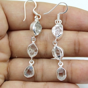 Pendiente de diamante Herkimer natural, plata de ley 925, pendiente hecho a mano con piedras preciosas, pendiente largo, pendiente de tres piedras, regalo de Navidad para ella