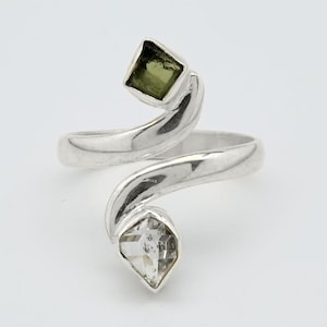 Handmade Moldavite and Herkimer Diamond Ring, 925 Sterling Silver