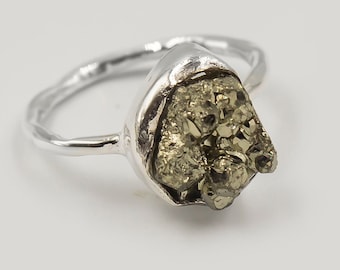 Handmade 925 Sterling Silver Raw Pyrite Gemstone Ring