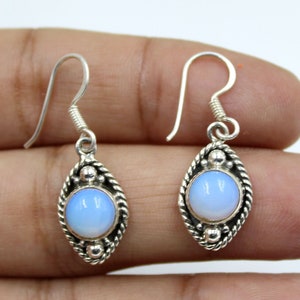 Natural Moonstone Opal Gemstone Earring, Round Opal Stone Silver Earring, 925 Sterling Silver Earring, Gemstone Earring, Dangle Earring
