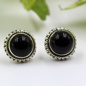 Black Onyx Round Gemstone Earrings, Solid 925 Earrings, Round Onyx Handmade Earring, Delicate Stud Earrings, Daughters Gift Idea, Sale