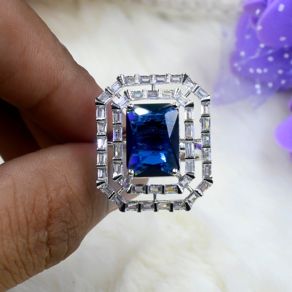 Bague saphir et quartz pierre précieuse rectangulaire plaquée