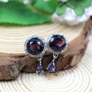 Amethyst Quartz Earrings, Amethyst Minimalist Stud Earrings, Round shape Filled Zircon, Silver Plated, mother&#39;s day gift, daily wear studs