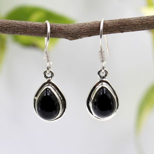 Onyx Black Earring, 925 Sterling Silver CZ Droplet Drop Earrings r,  Pear Shape, Hook Earrings, Christmas Gift, Dangle Earring, Gift for Her