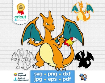 Pokem Charizard Layered SVG Pikachu Cartoon Clipart PNG Silhouette Cricut Cut File Decal Sticker Vector Instant Digital Download Charman DXF