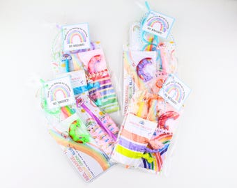 Rainbow Birthday Party Favor Bag | Pastel Hair Ties, Glow Sticks, Silly Straw, Backpack Charm